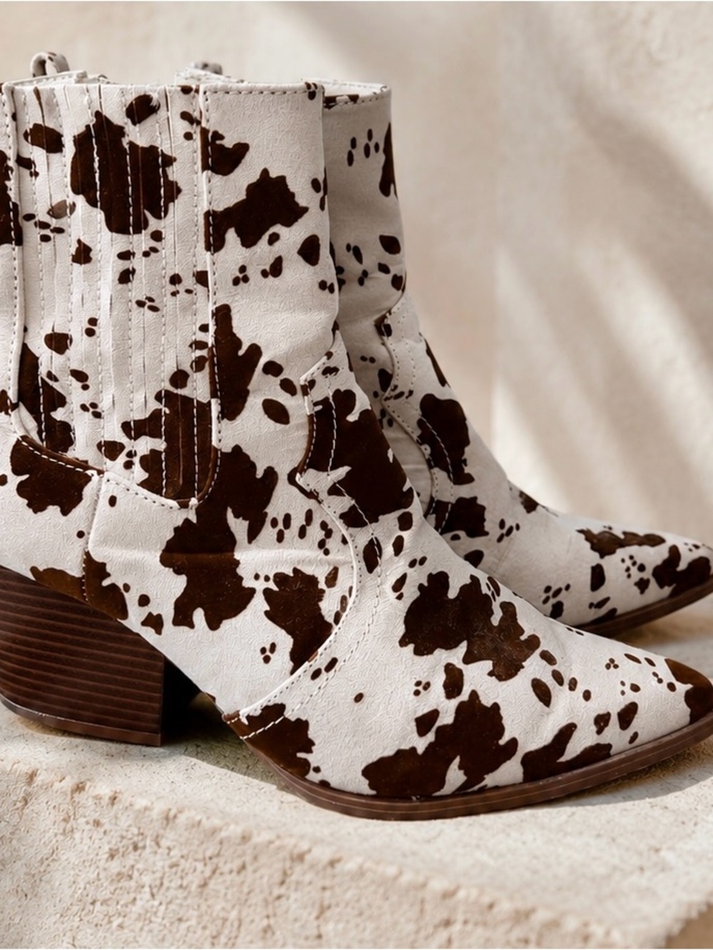 Cowhide Print Western Ankle Boots - White/Brown